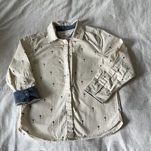 H&M boys cream w/blue palm cotton button down